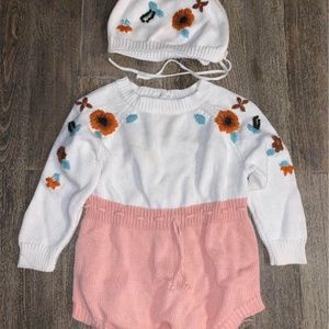 9month Knit and Embroidered Outfit and Bonnet